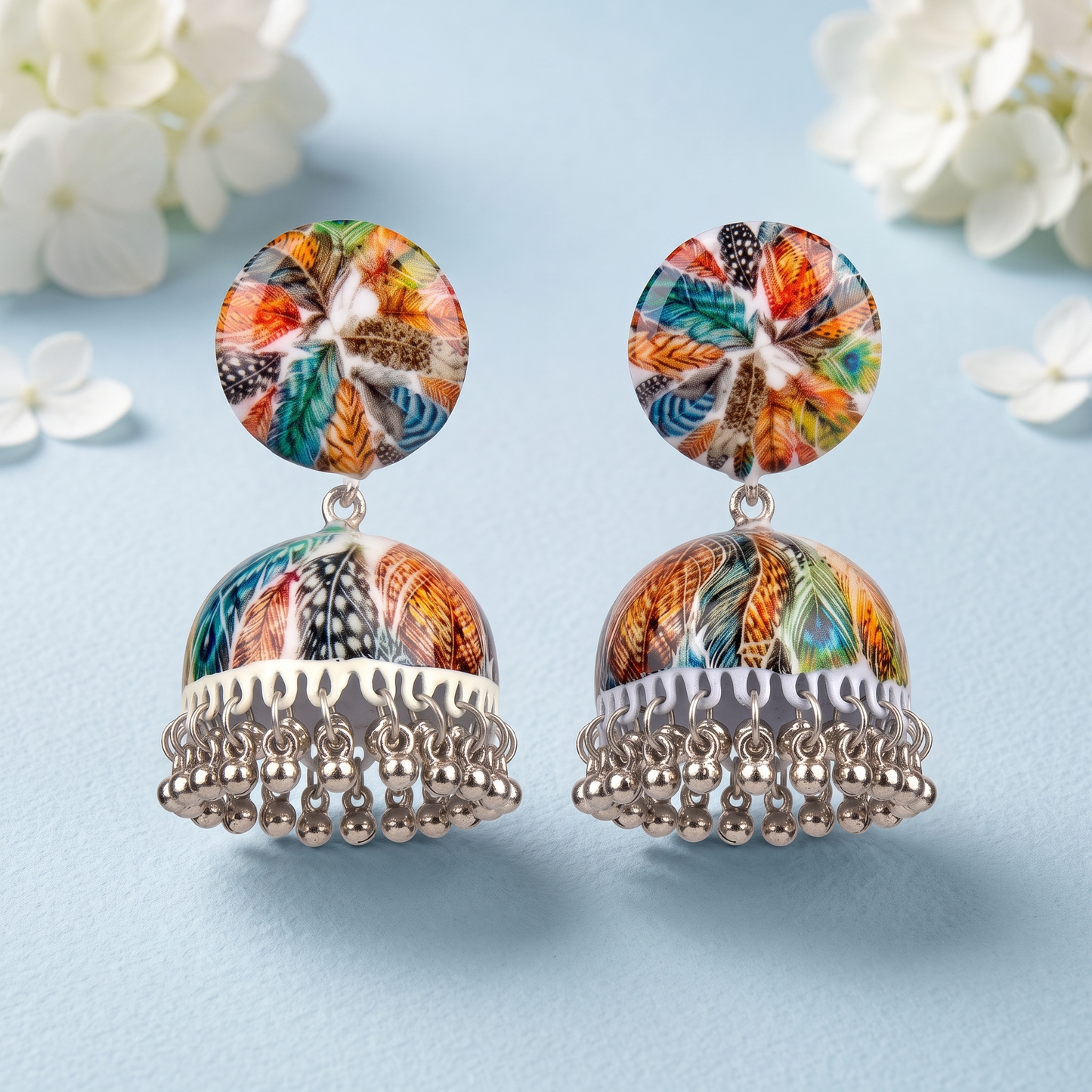 Silver Toned Brass Abstract Print Jhumka Earrings