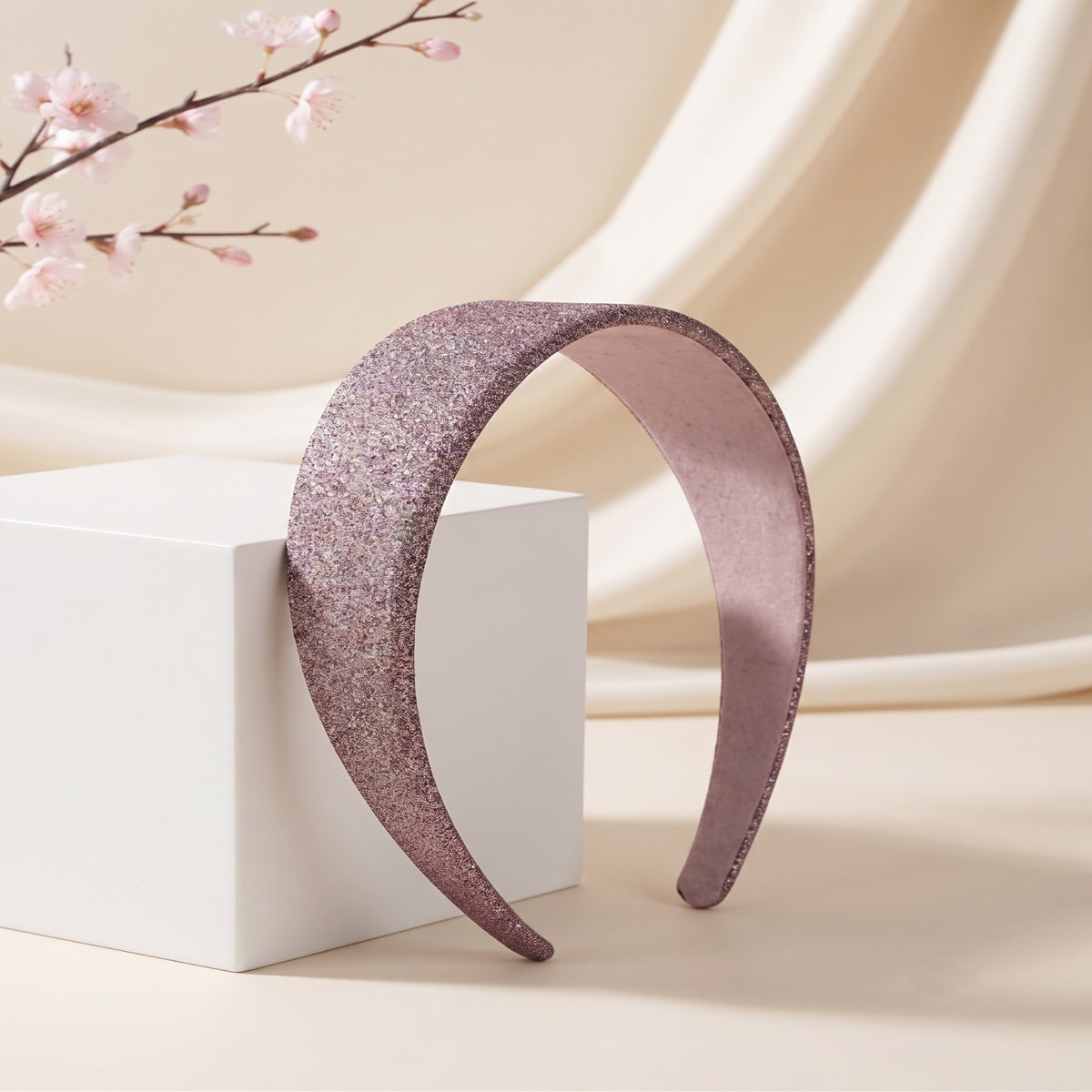 Luxury Dusty Rose Shimmer Wide Headband Elegant Mauve Pink Padded Hairband