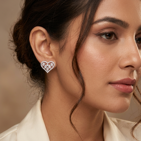 Silver-Tone Heart Shaped Stone Stud Earrings