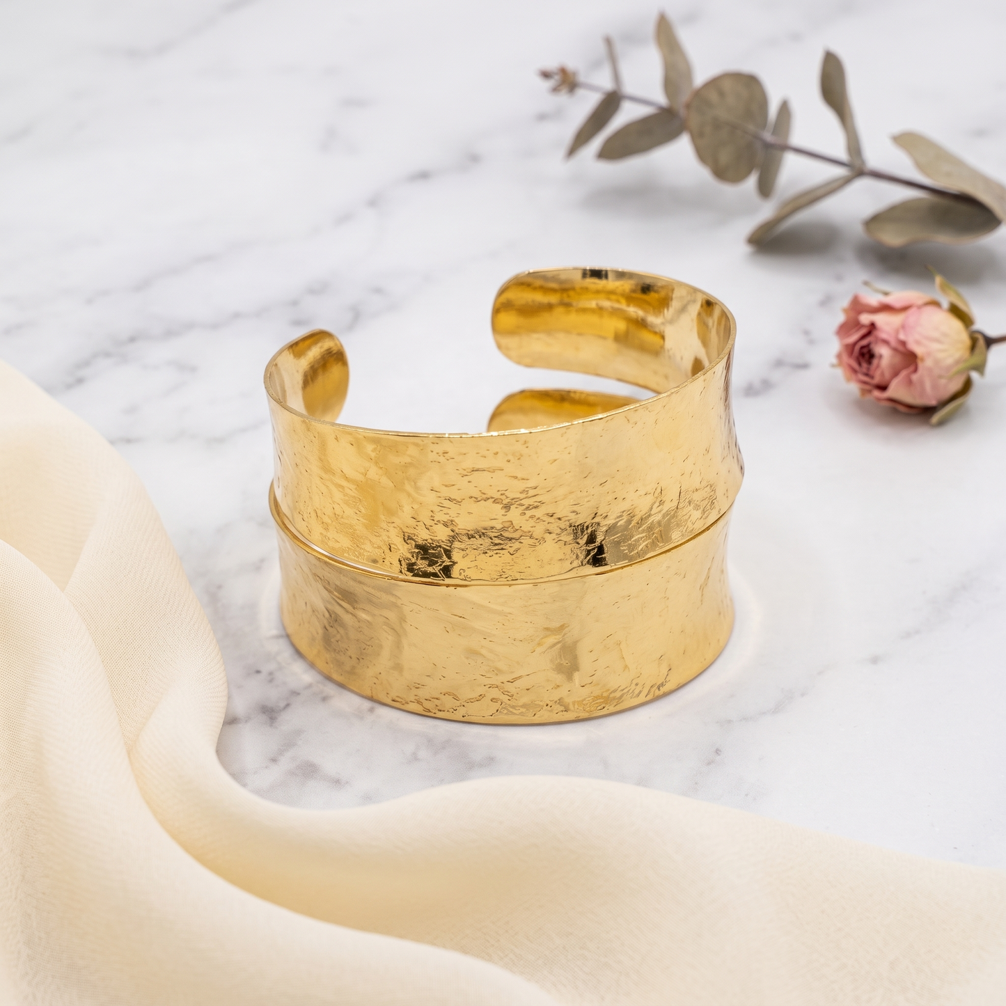 Gold Toned Brass Wide Hammered Cuff Bangle