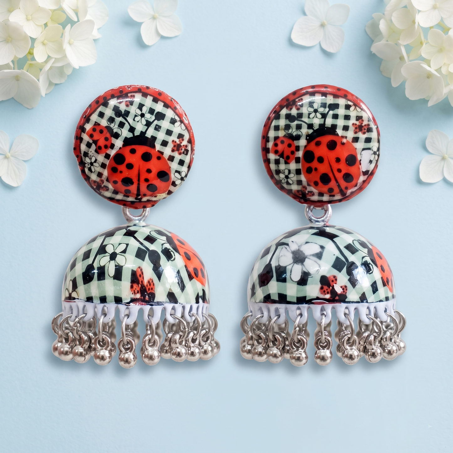 Silver Toned Brass Ladybug Print Jhumka Earrings