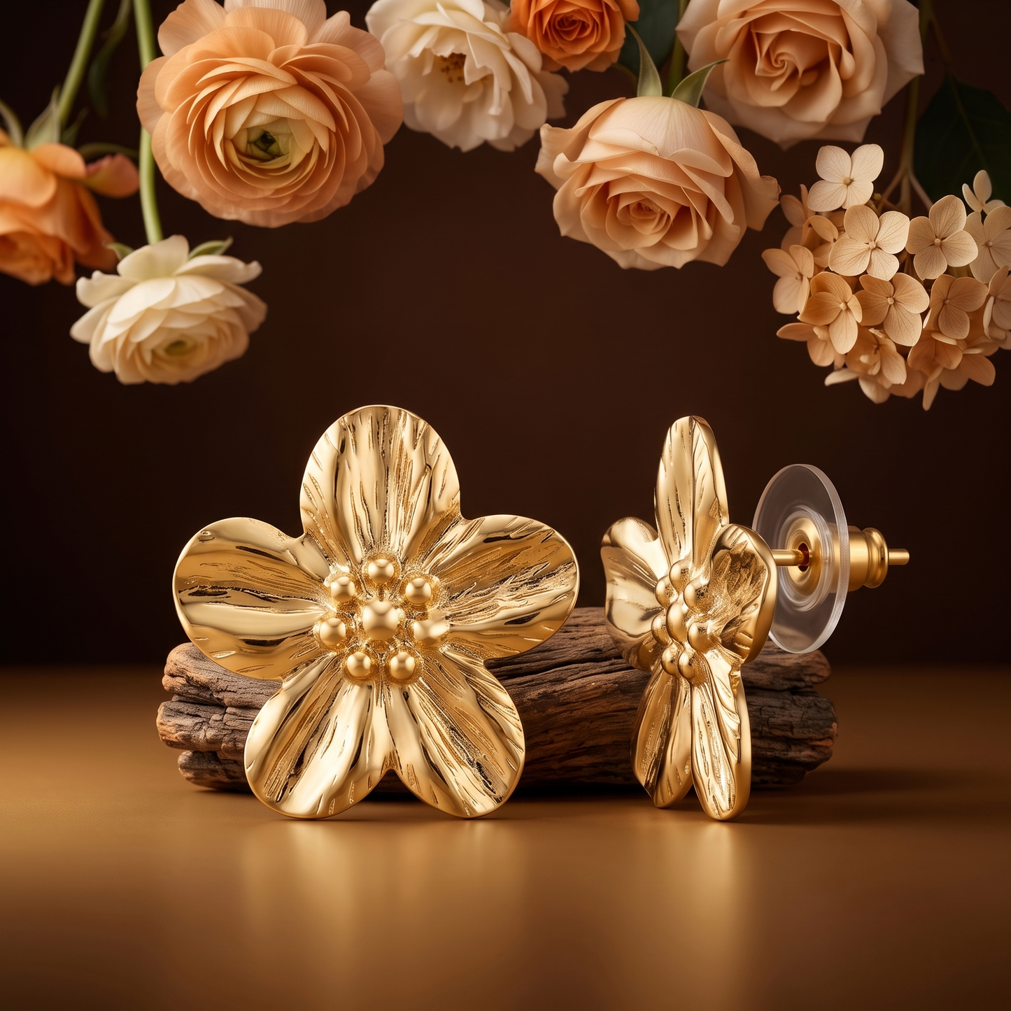 Gold Toned Brass Flower Necklace, Earrings And Ring Set