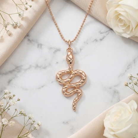 Bold 18K Rose Gold Plated Serpentine Snake Pendant Necklace with Textured Scale Detail