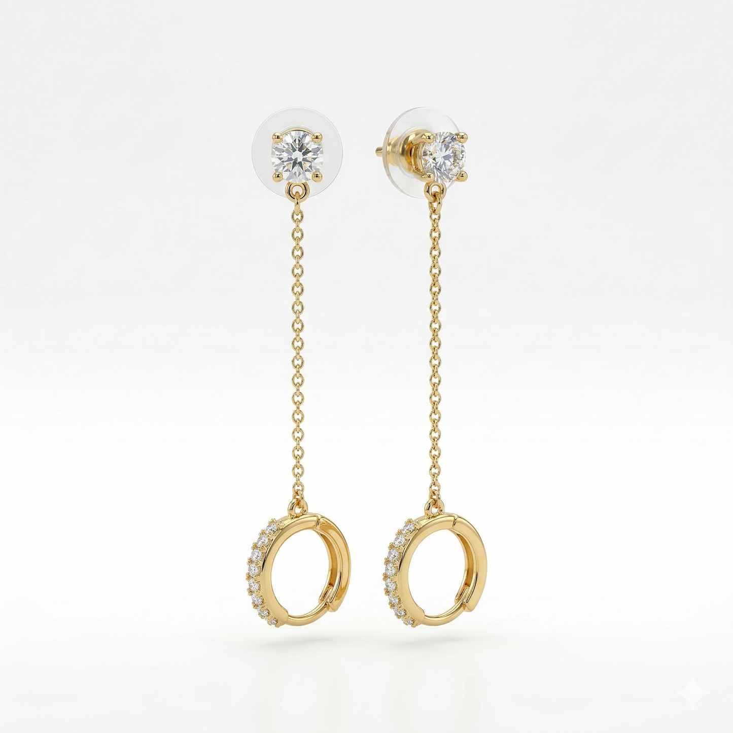 Gold-Tone Solitaire Stud and Ring Long Drop Earrings
