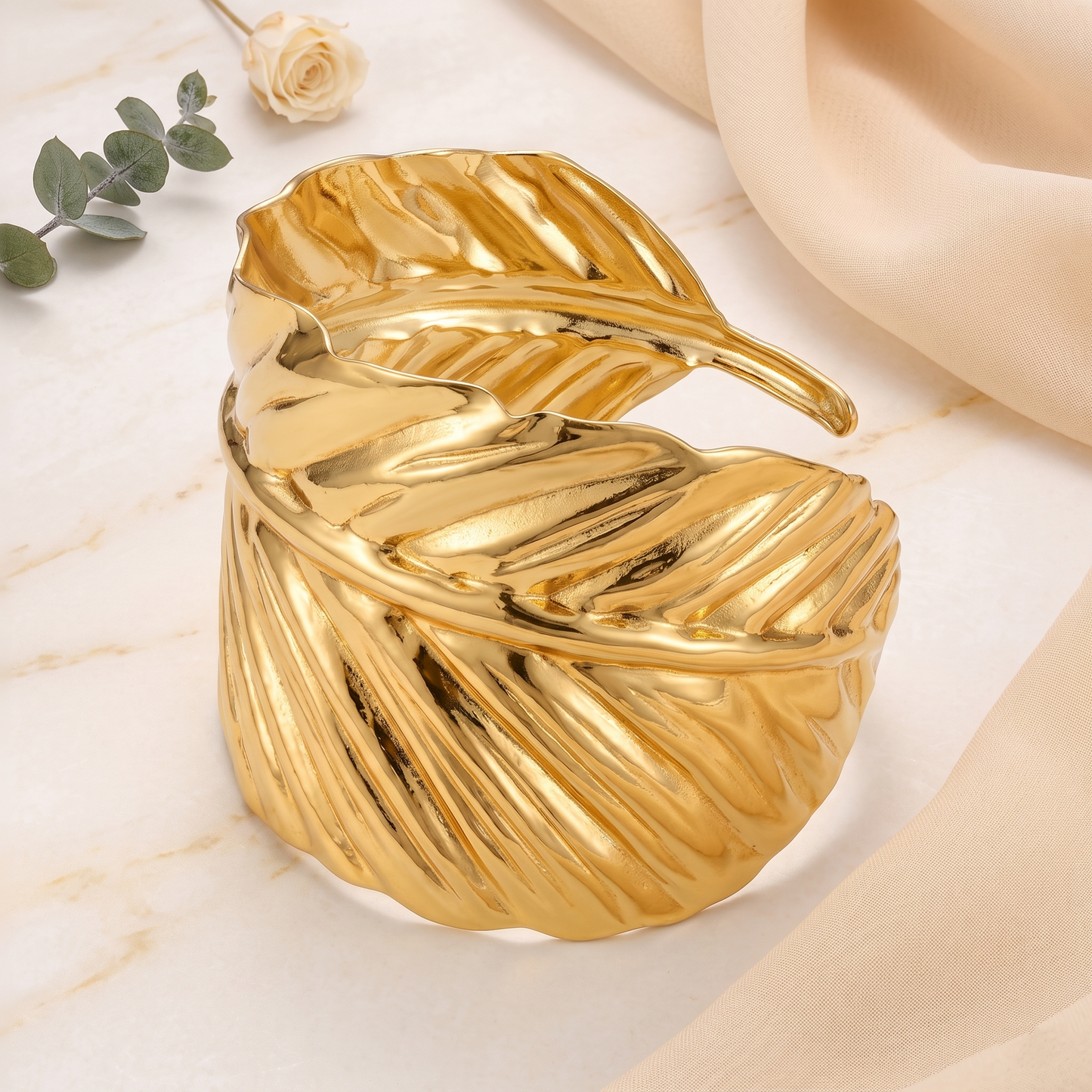 Gold Toned Brass Leaf Wrap Cuff Bangle
