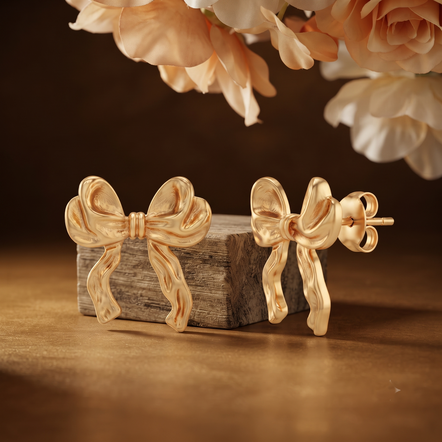 Gold Plated Brass Ribbon Bow Stud Earrings