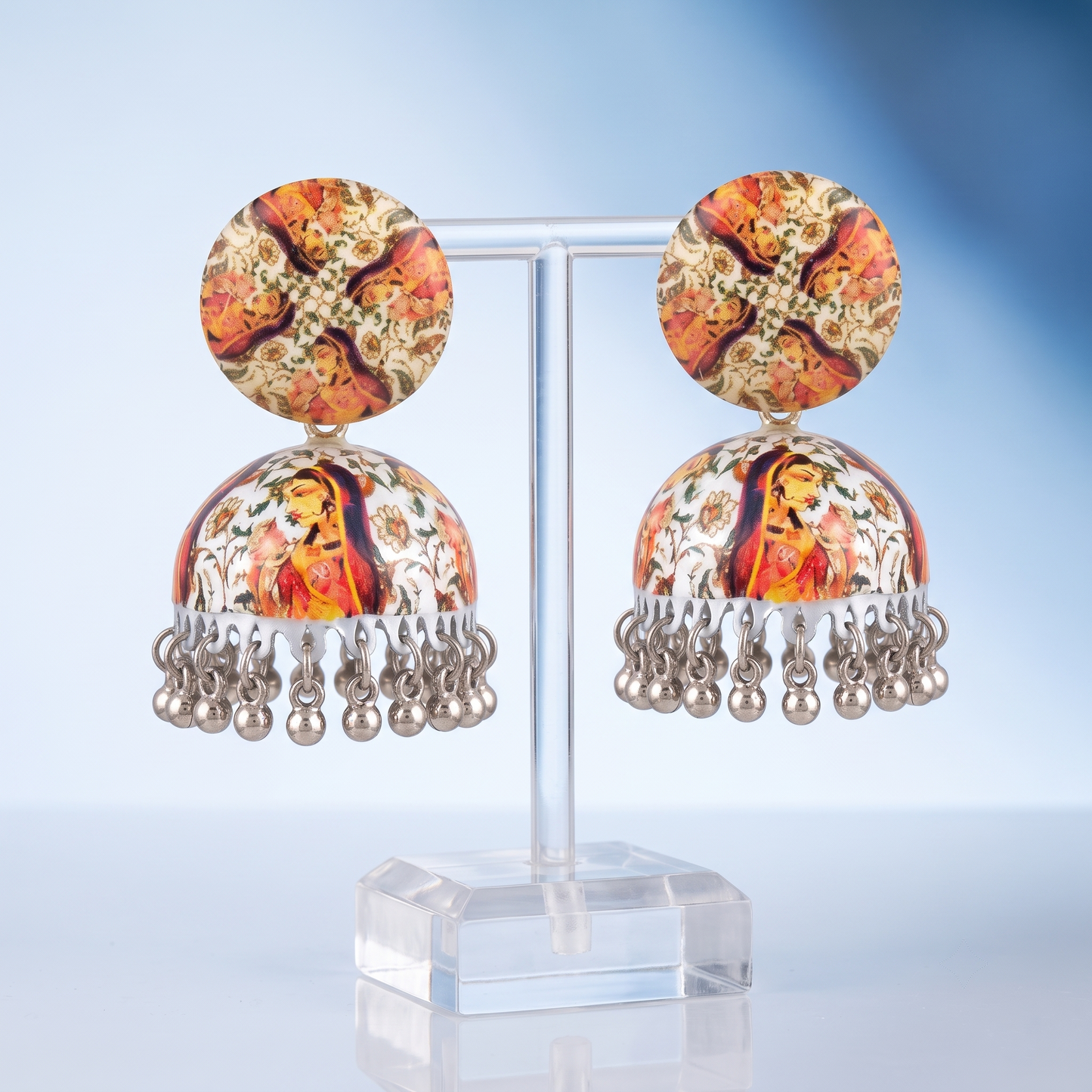 Silver Toned Brass Orange Floral Print Jhumka Earrings