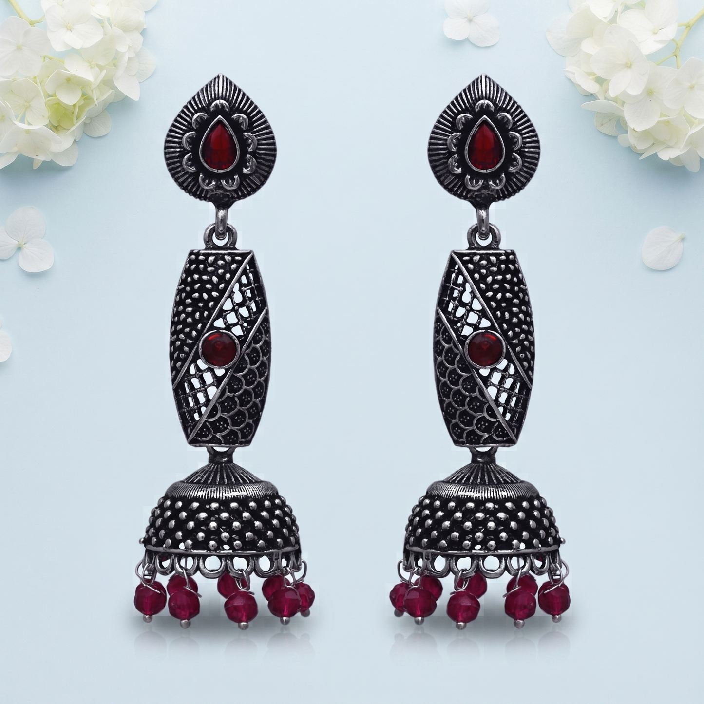 Long Maroon Stone Jhumka Earrings