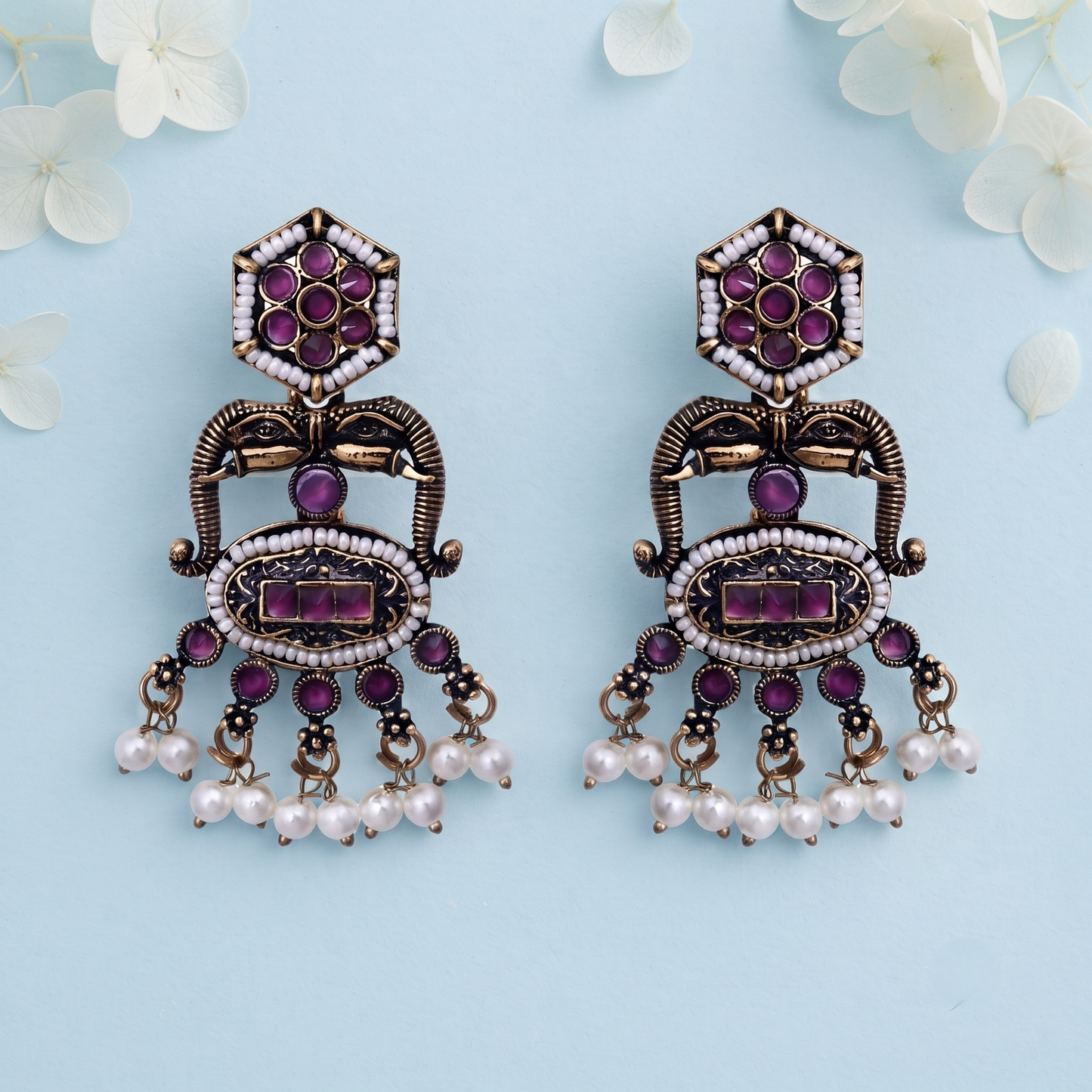 Maroon White Stone Ethnic Earrings