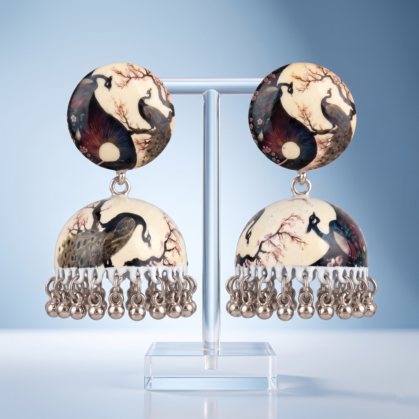 Silver Toned Brass Peacock Print Jhumka Earrings