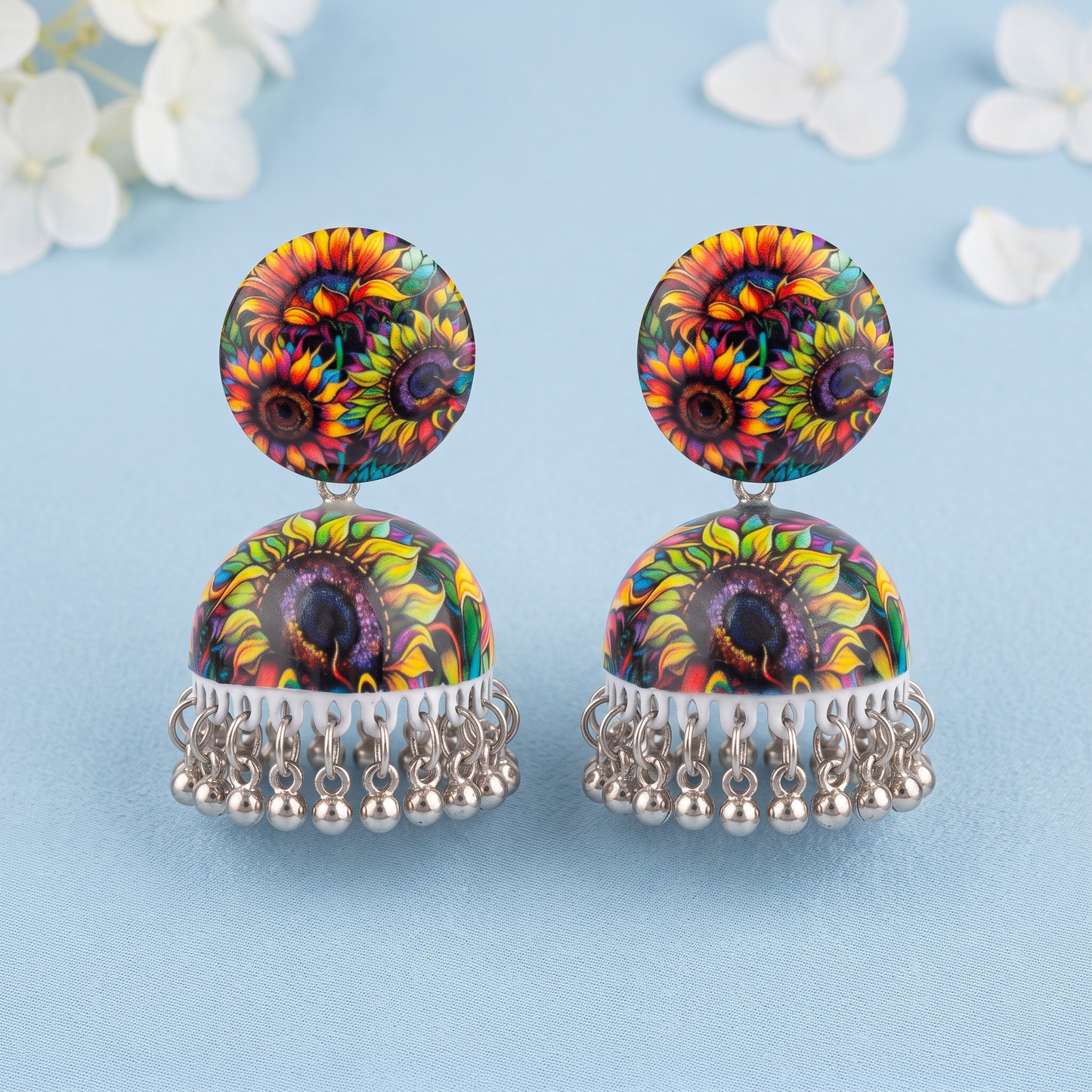 Silver Toned Brass Multicolor Sunflower Print Jhumka Earrings
