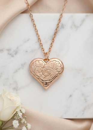 Rose Gold Engraved Heart Pendant Necklace with Intricate Swirl Filigree Design