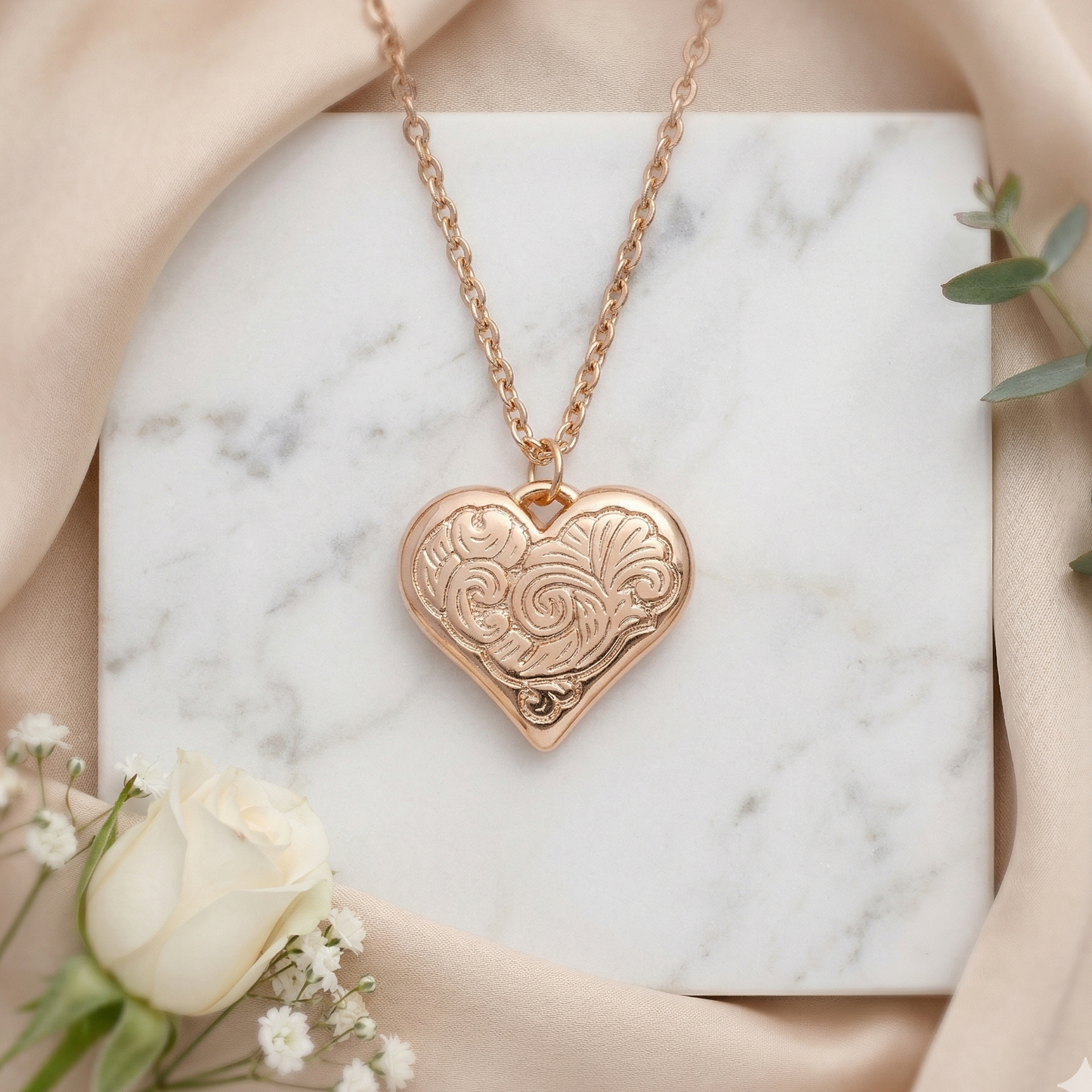 Rose Engraved Heart Intricate Swirl Filigree Design