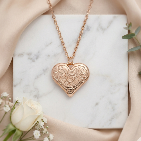 Rose Gold Engraved Heart Pendant Necklace with Intricate Swirl Filigree Design