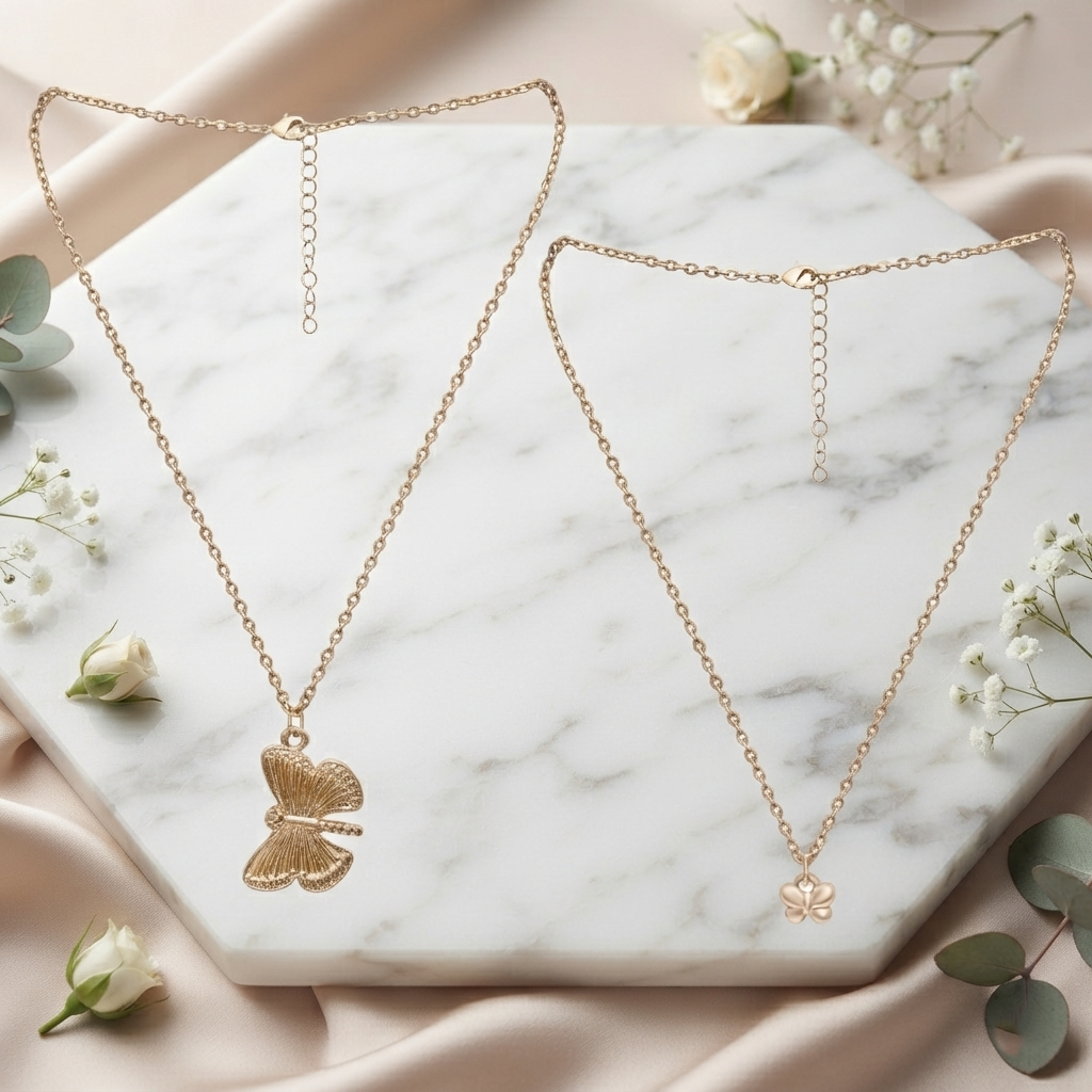 Gold Plated Brass Layered Butterfly Pendant Necklace