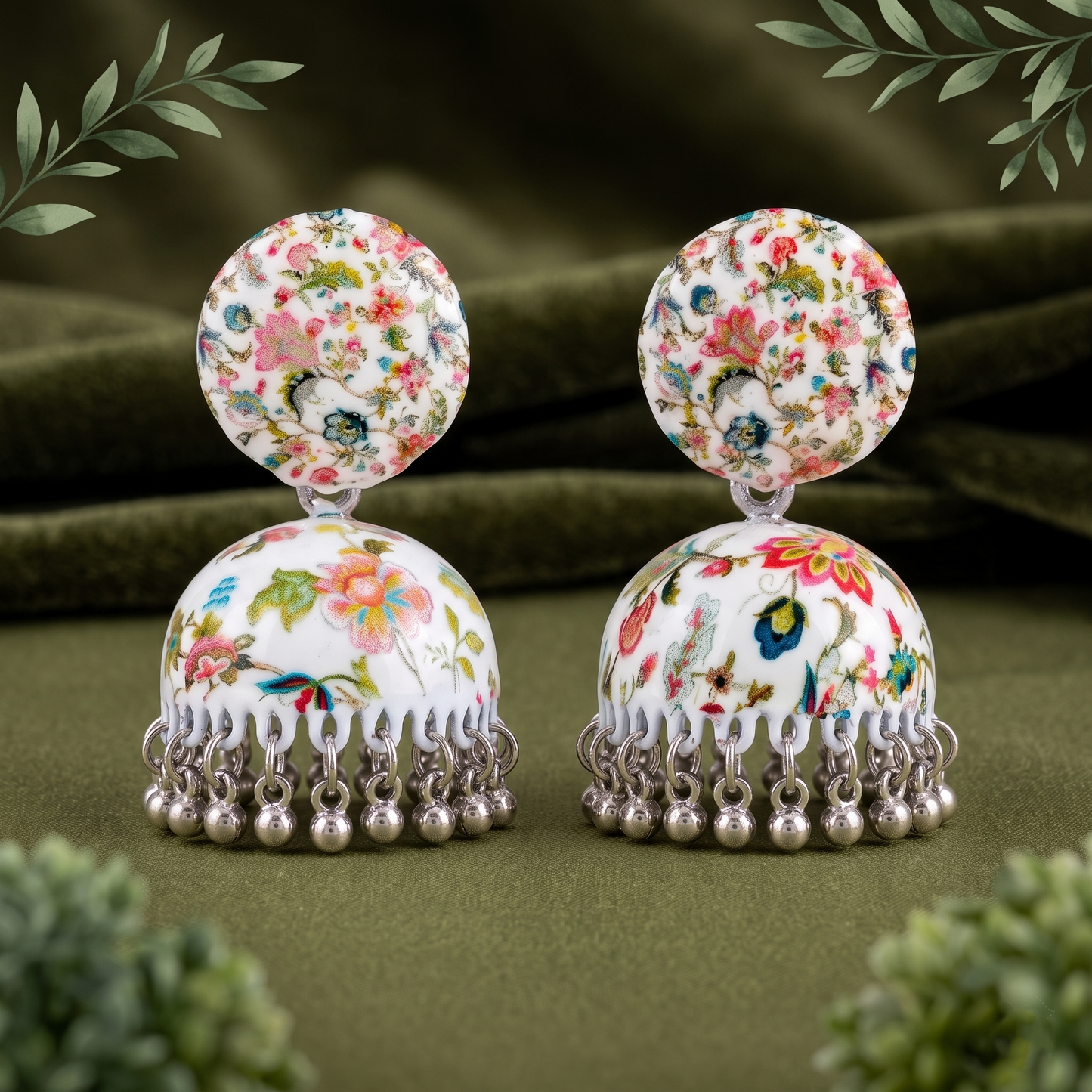 Silver Toned Brass Floral Print Jhumka Earrings