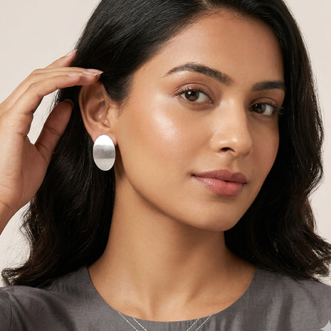 Silver Plated Brass Oval Stud Earrings