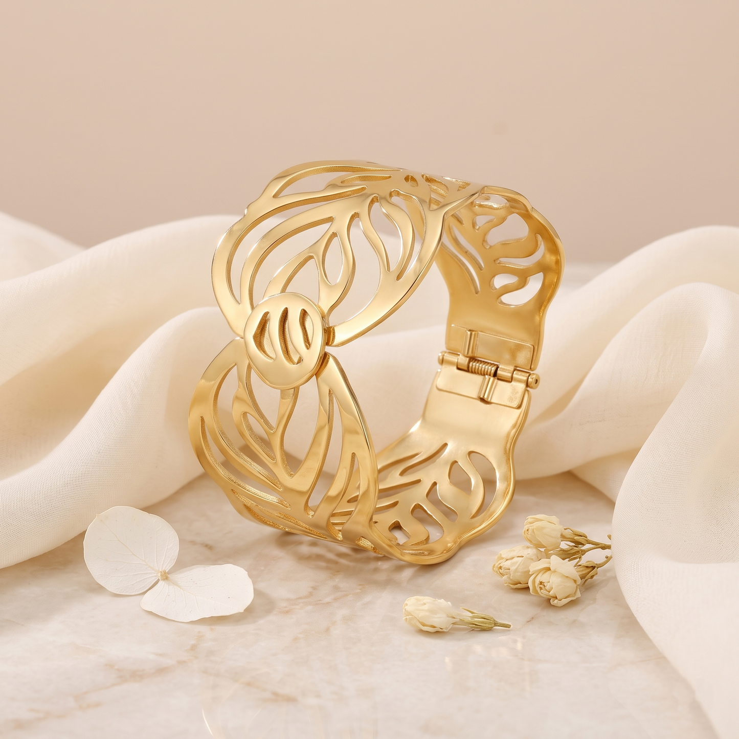 Gold Toned Brass Leaf Cutout Cuff Bangle