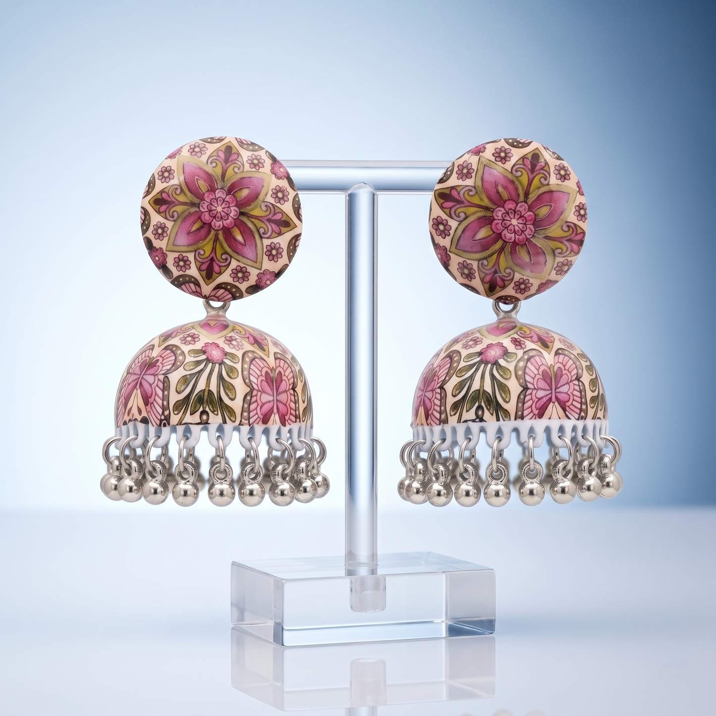 Silver Toned Brass Pink Floral Mandala Print Jhumka Earrings