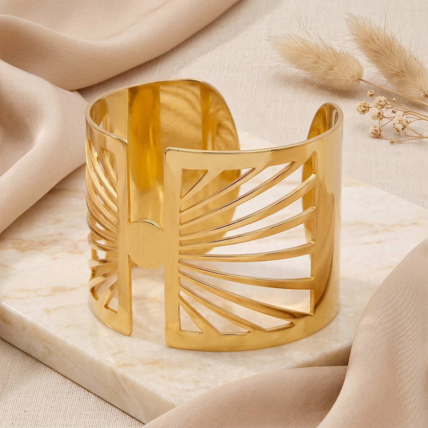Gold Toned Brass Sunburst Cutout Cuff Bangle