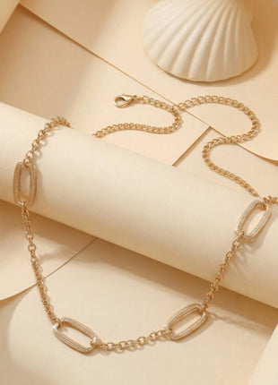 Rose Gold-Plated Brass Geometric Oval Link Stone-Studded Chain Necklace
