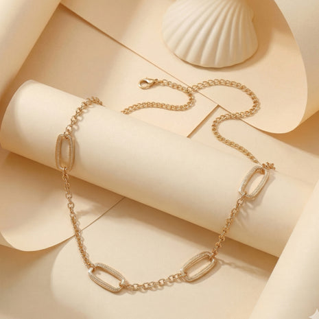 Rose Gold-Plated Brass Geometric Oval Link Stone-Studded Chain Necklace