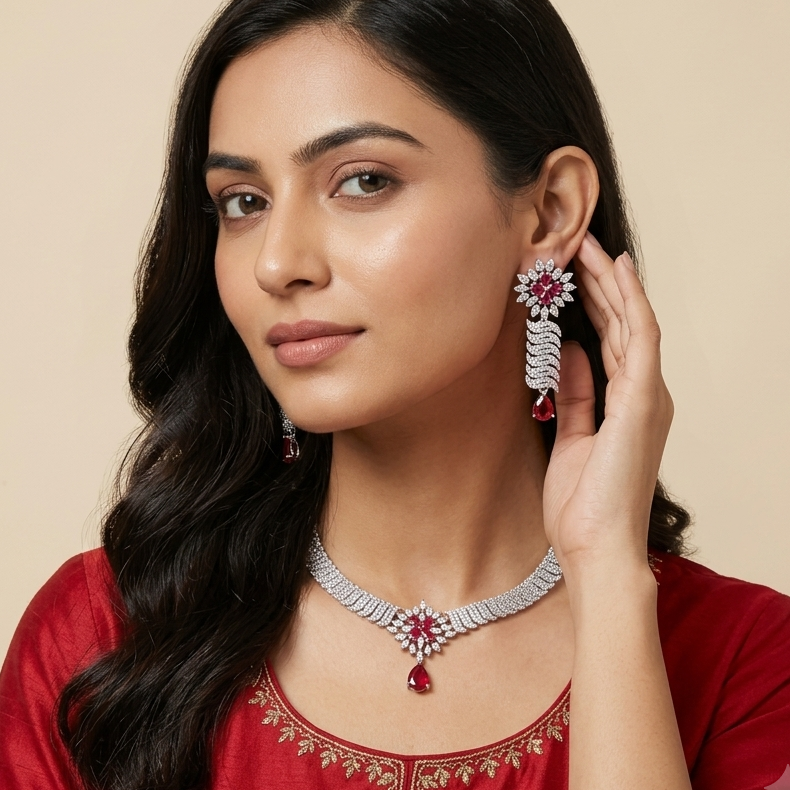 Elegant Silver-Tone Ruby Floral Necklace and Earring Set