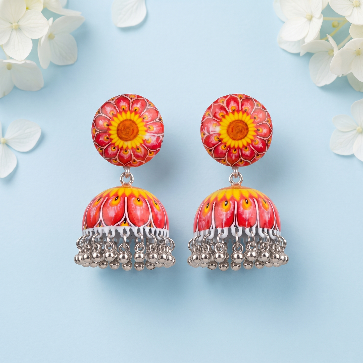 Silver Toned Brass Sunflower Print Jhumka Earrings