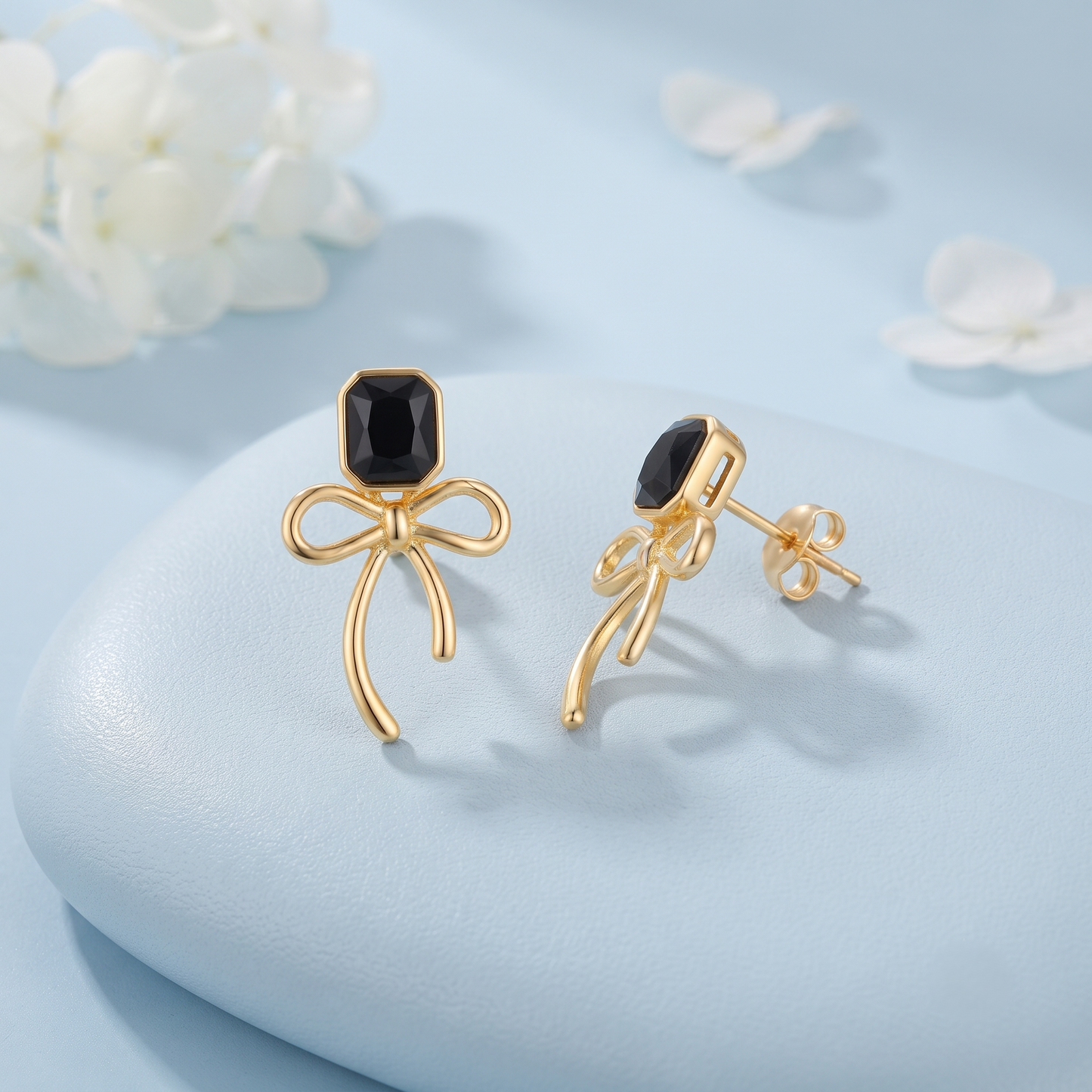 Gold Plated Brass Black Gem Bow Drop Earrings