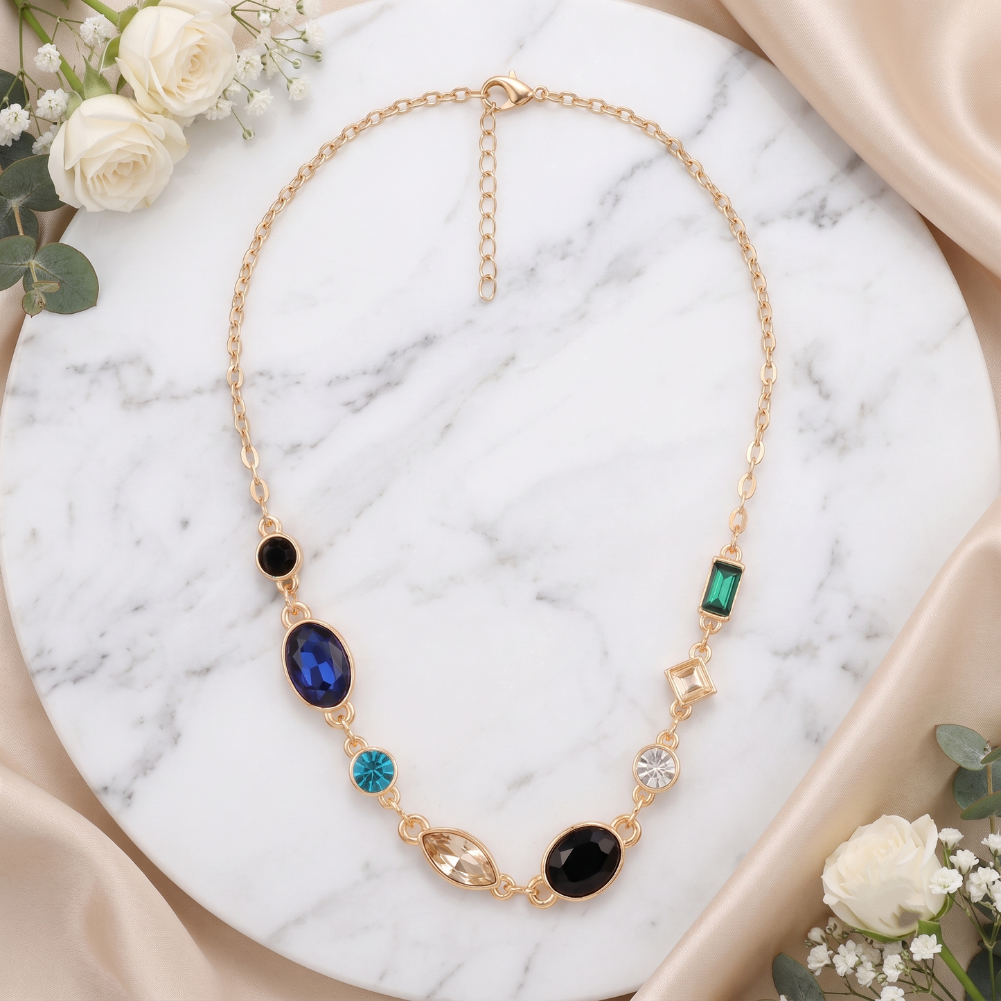 Gold Plated Brass Colorful Gem Pendant Necklace