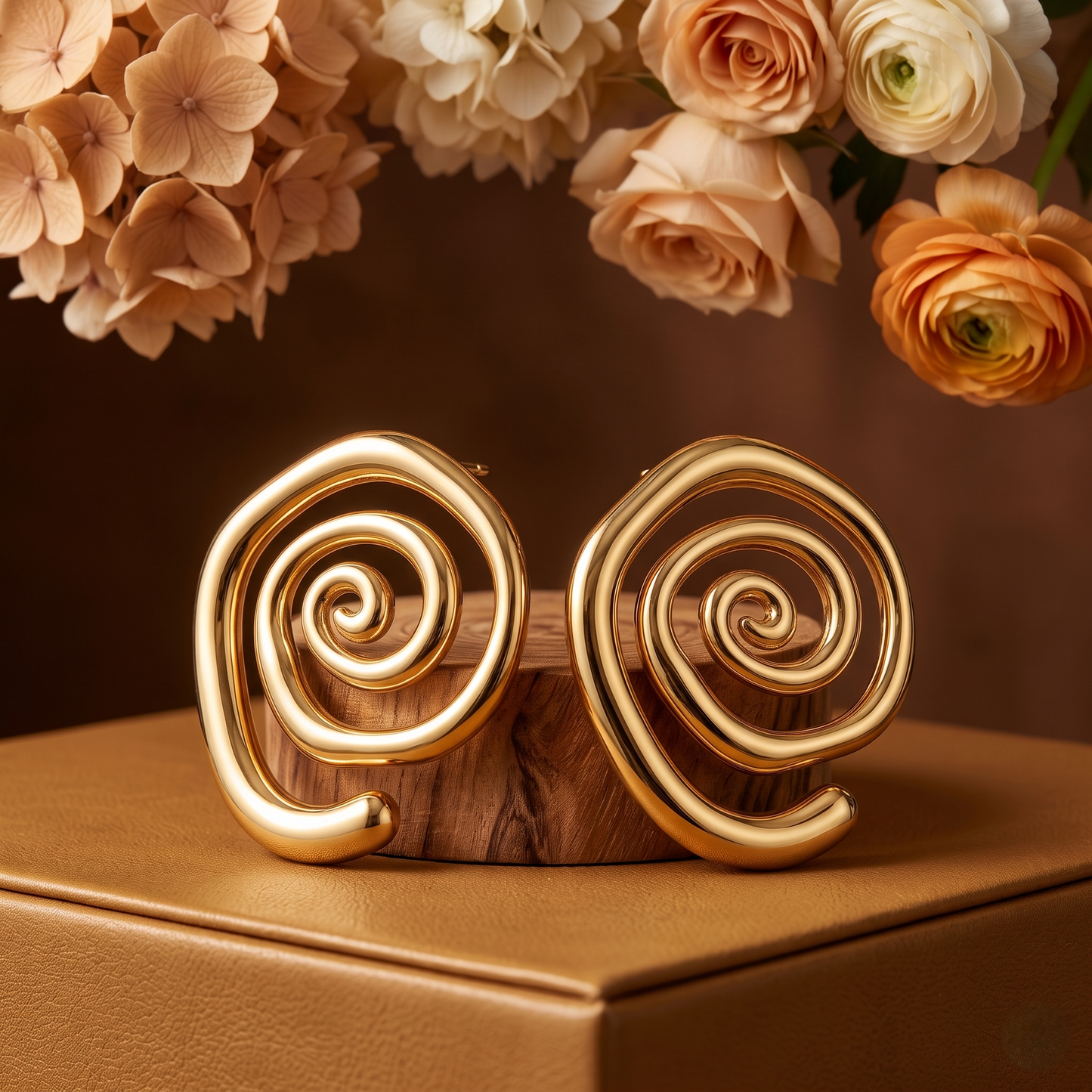 Gold Toned Brass Spiral Swirl Stud Earrings