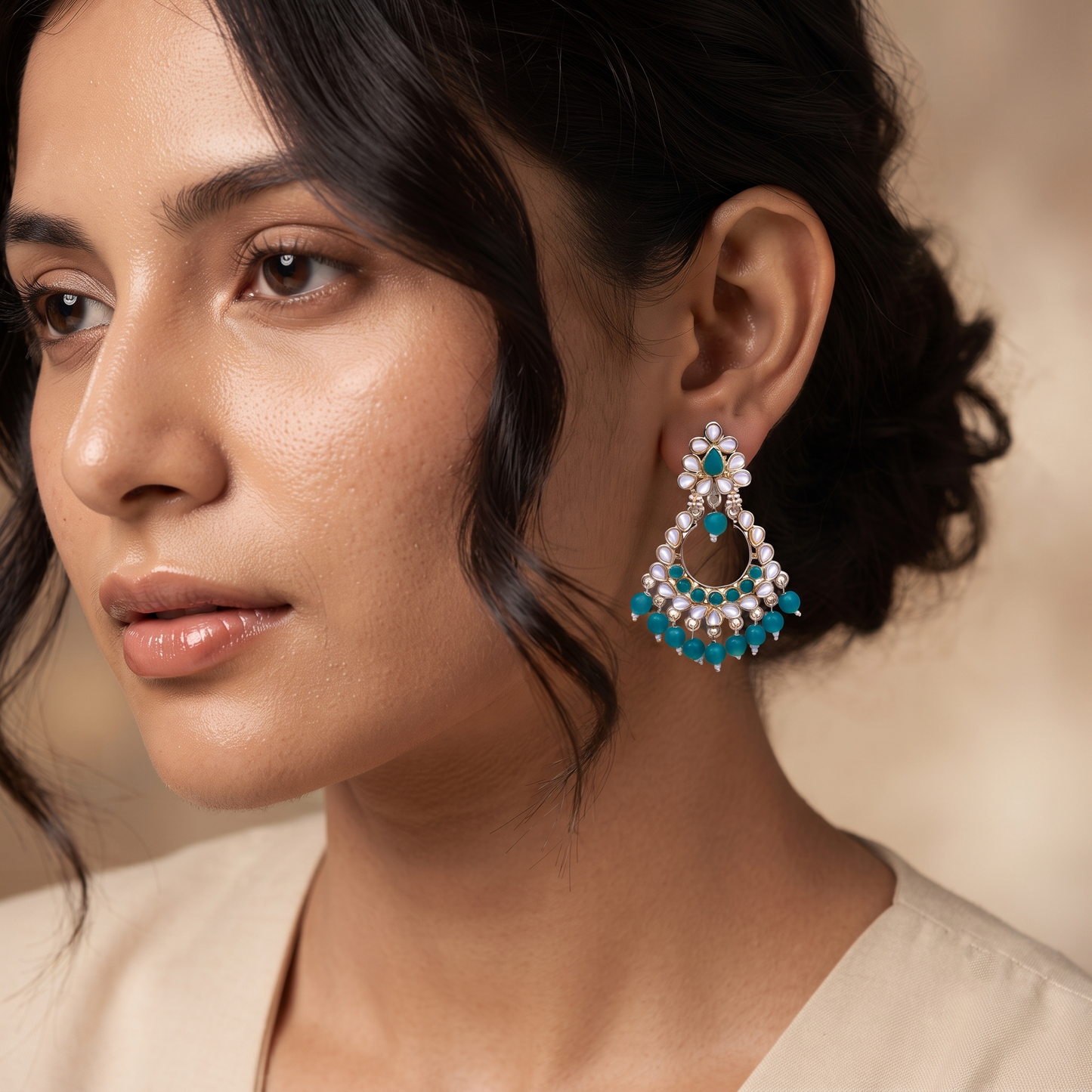 Teal White Stone Chandbali Earrings