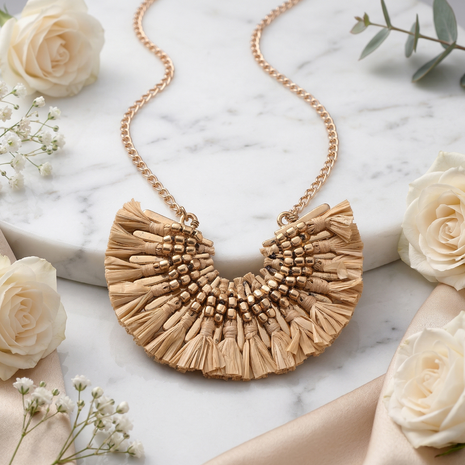 Boho Fan Tassel Statement Necklace with Beaded bib Detailing