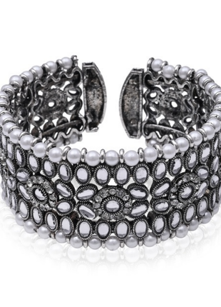 White Stone Pearl Oxidized Cuff Bracelet By 2wist Designs