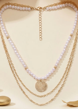 Gold-Plated Brass Triple-Layered Pearl And Textured Coin Necklace