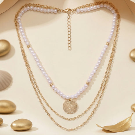 Gold-Plated Brass Triple-Layered Pearl And Textured Coin Necklace
