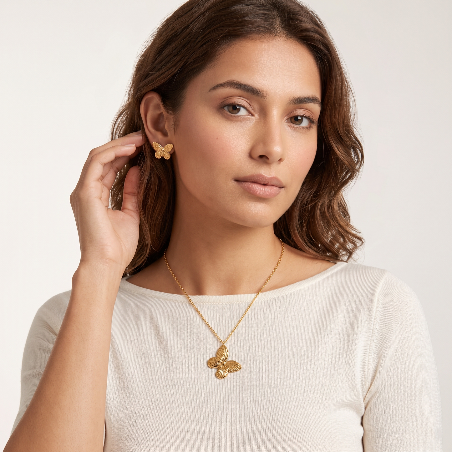 Gold Toned Brass Butterfly Necklace, Earrings And Charm Set