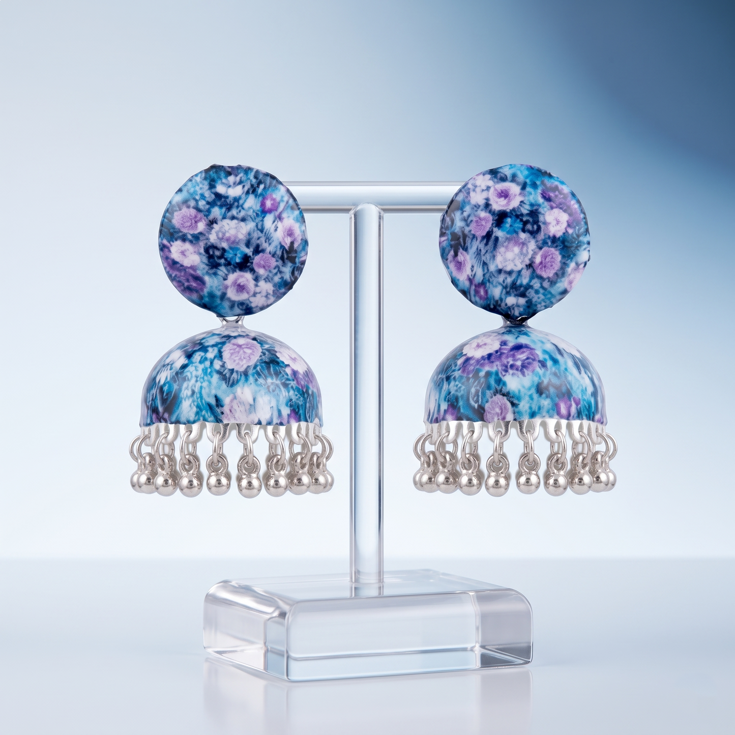 Silver Toned Brass Blue Floral Print Jhumka Earrings