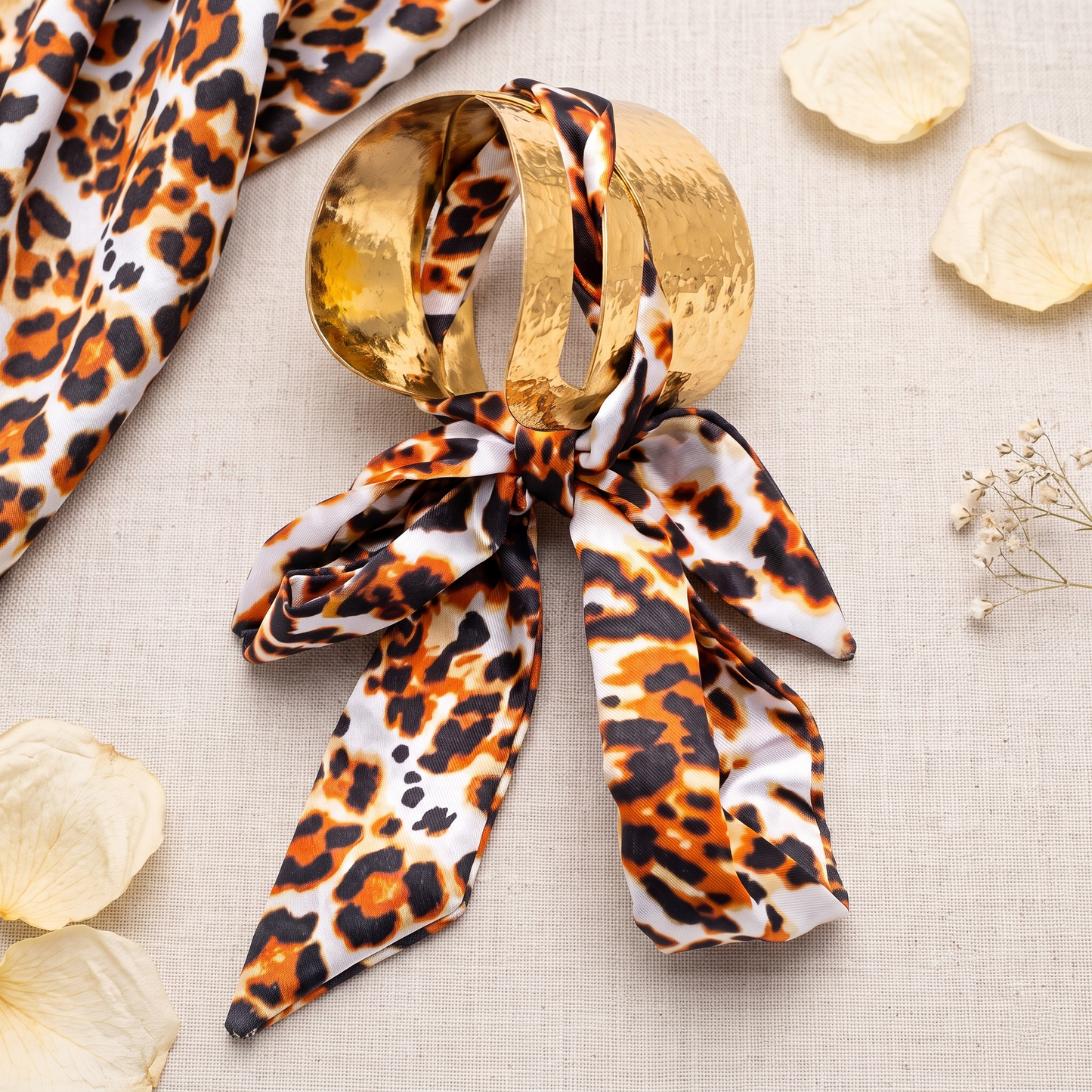 Gold Toned Brass Scalloped Bangle With Printed Scarf Tie
