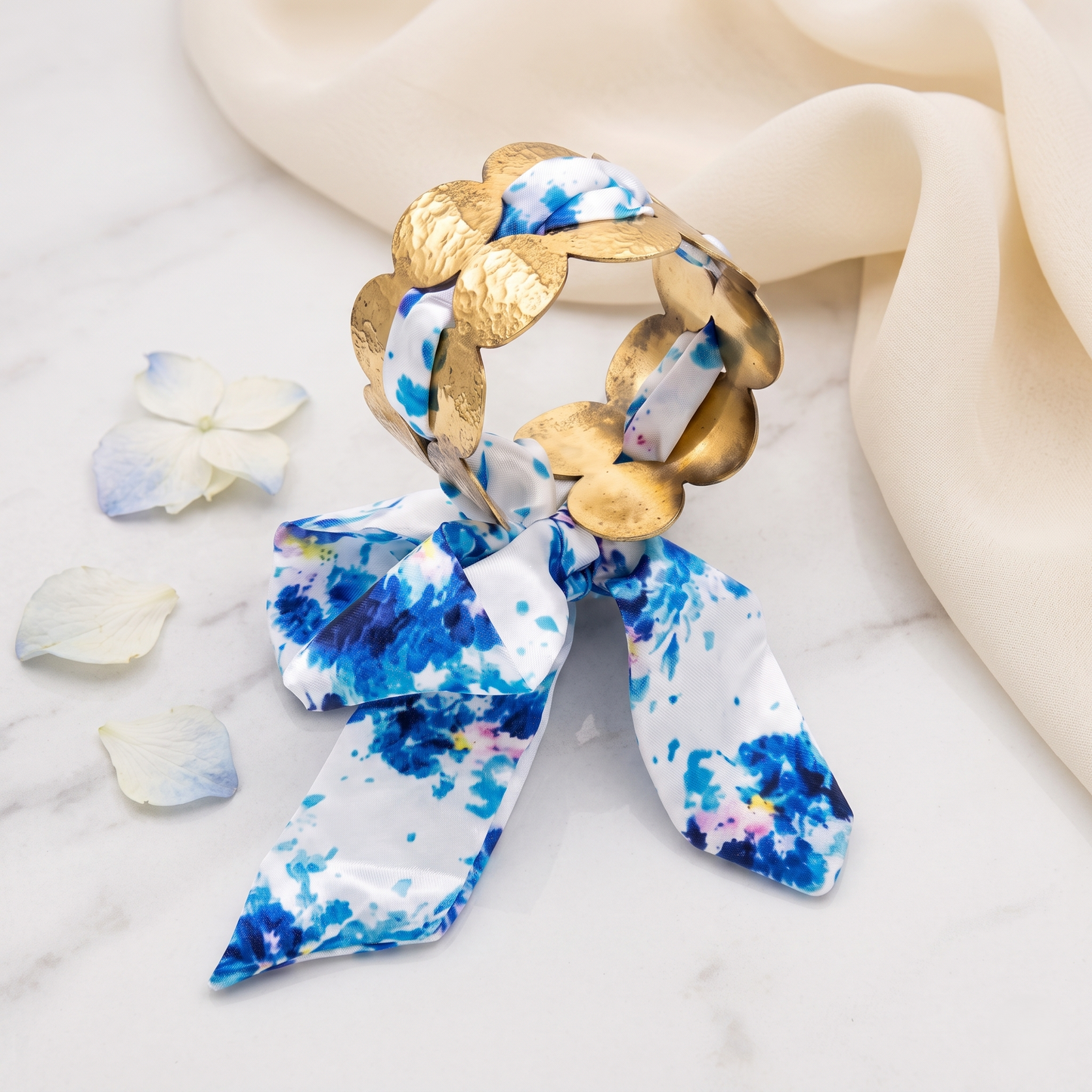 Gold Toned Brass Scrunchie Bangle With Blue Floral Scarf Tie