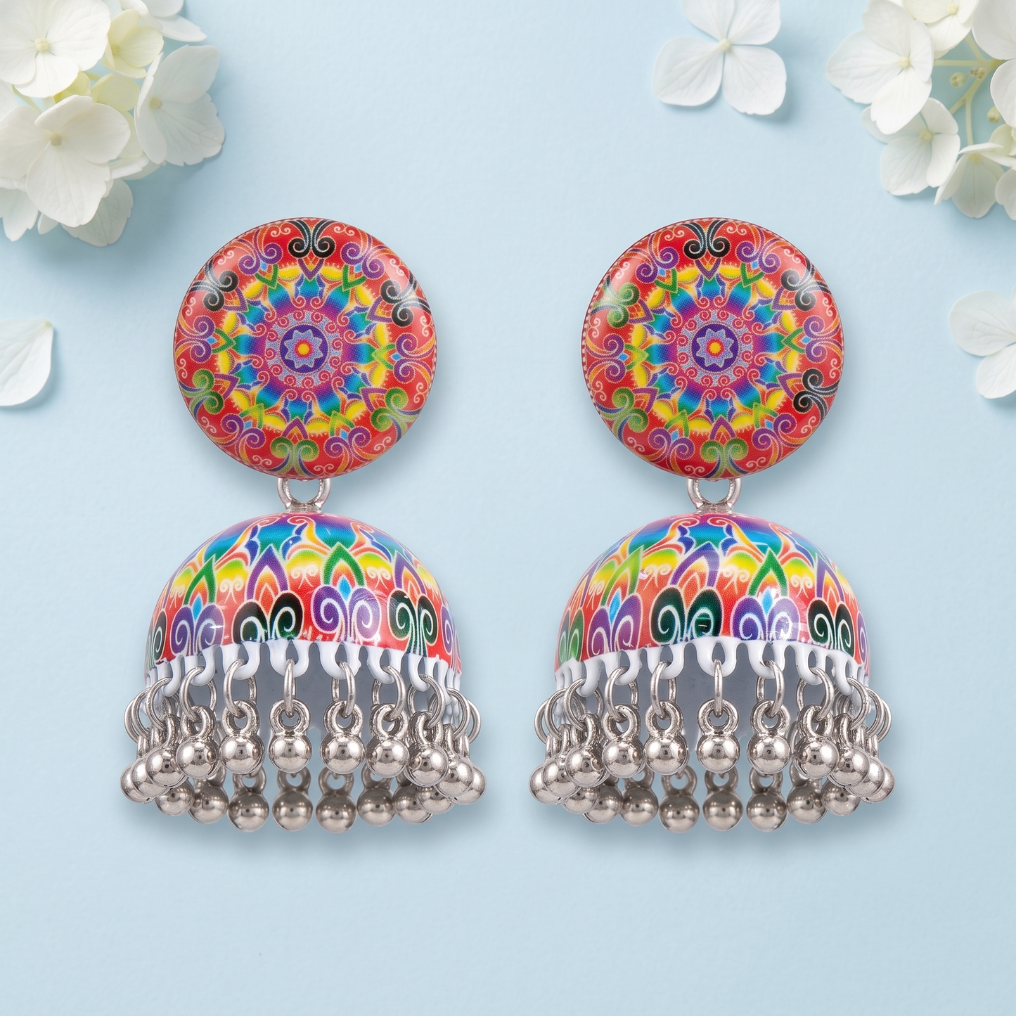 Silver Toned Brass Rainbow Mandala Print Jhumka Earrings