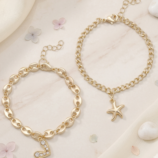 Gold Charm Bracelet Set Of 2