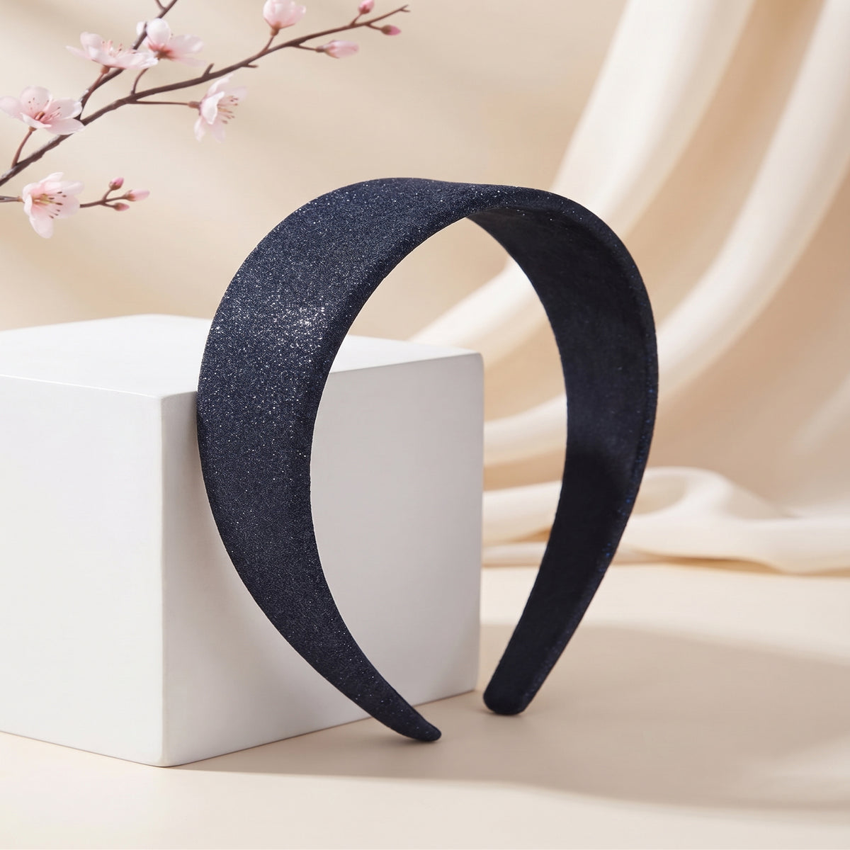 Luxury Navy Blue Shimmer Wide Headband Sparkly Midnight Blue Padded Hairband