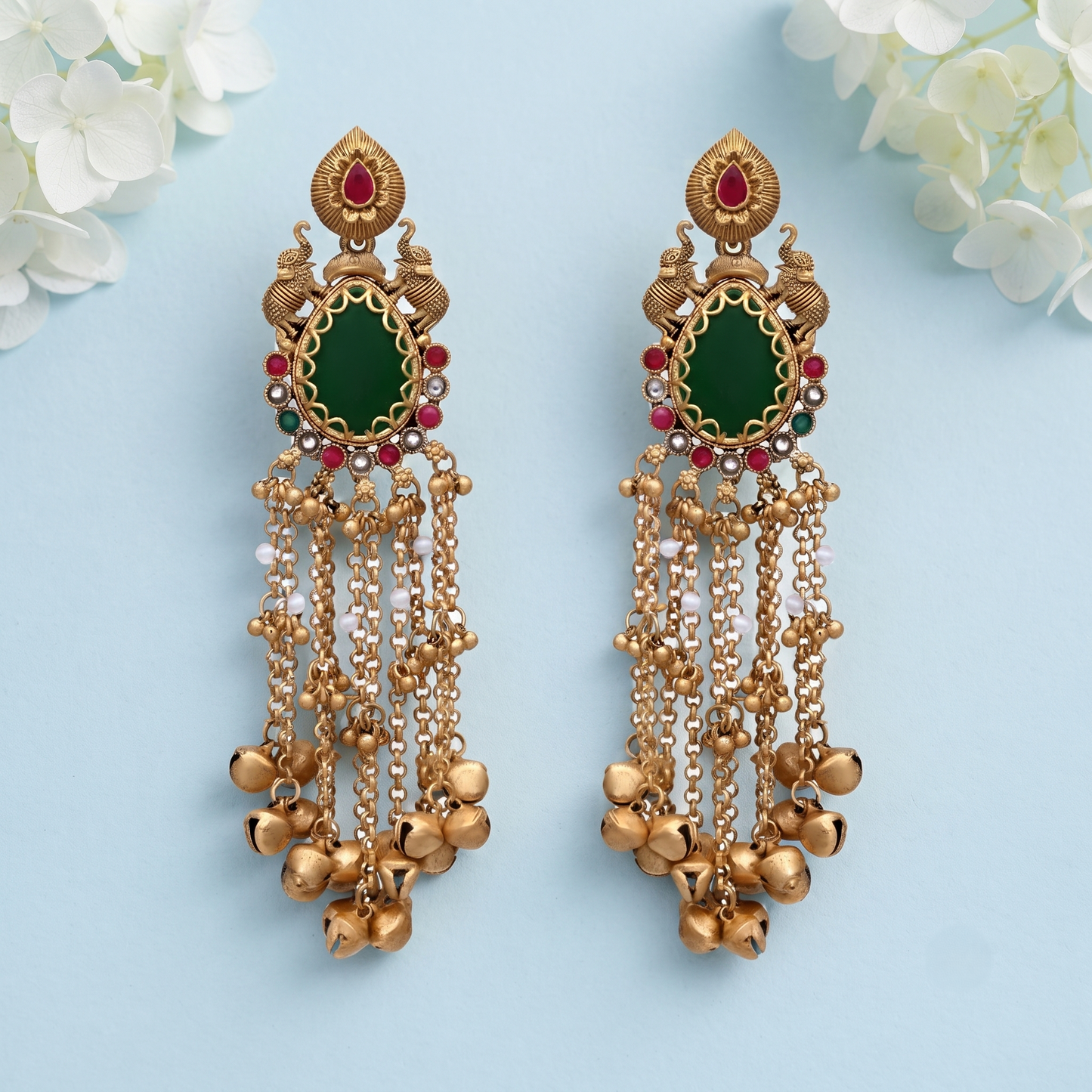 Long Green Maroon Stone Jhumka
