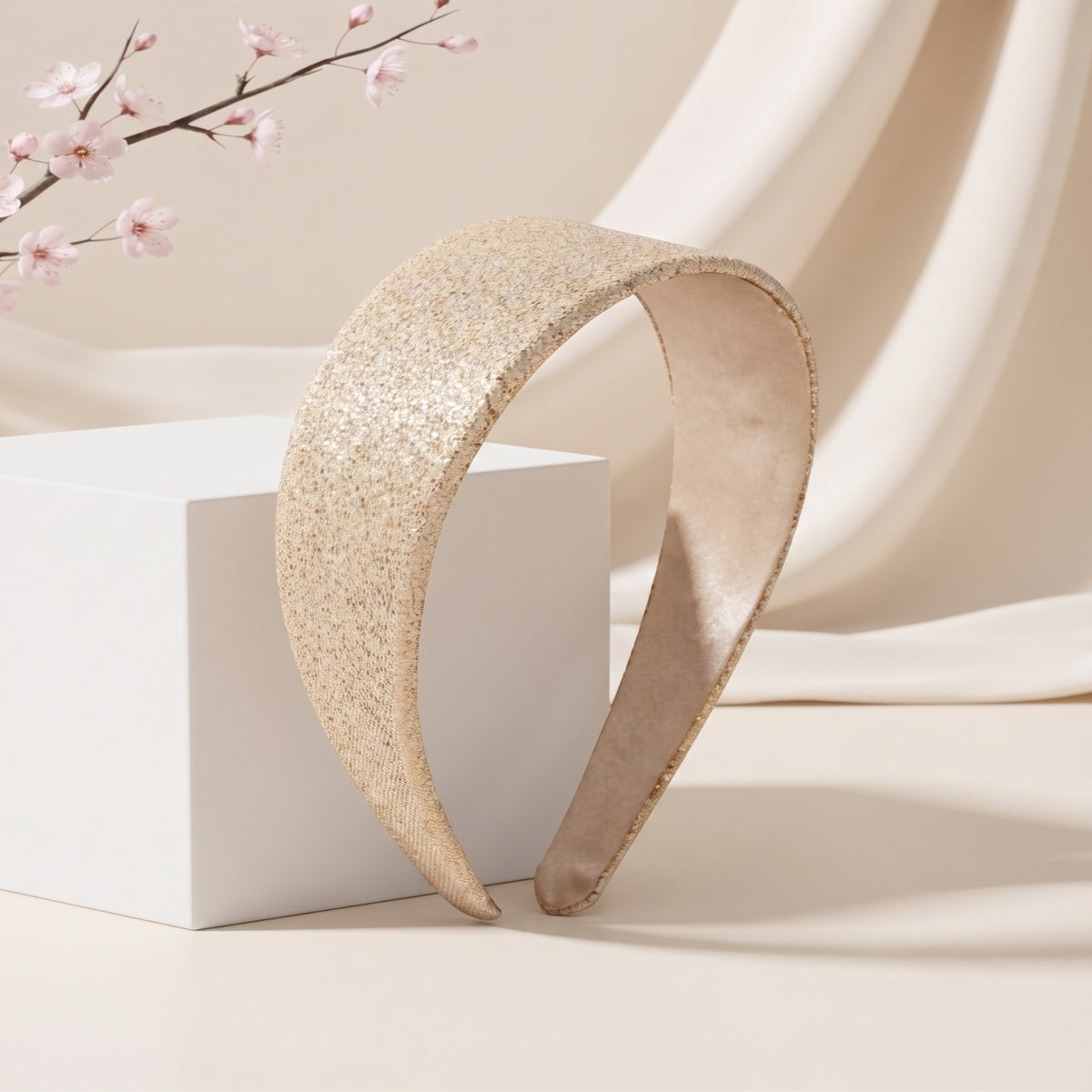 Luxury Champagne Gold Shimmer Wide Headband Elegant Metallic Gold Padded Hairband