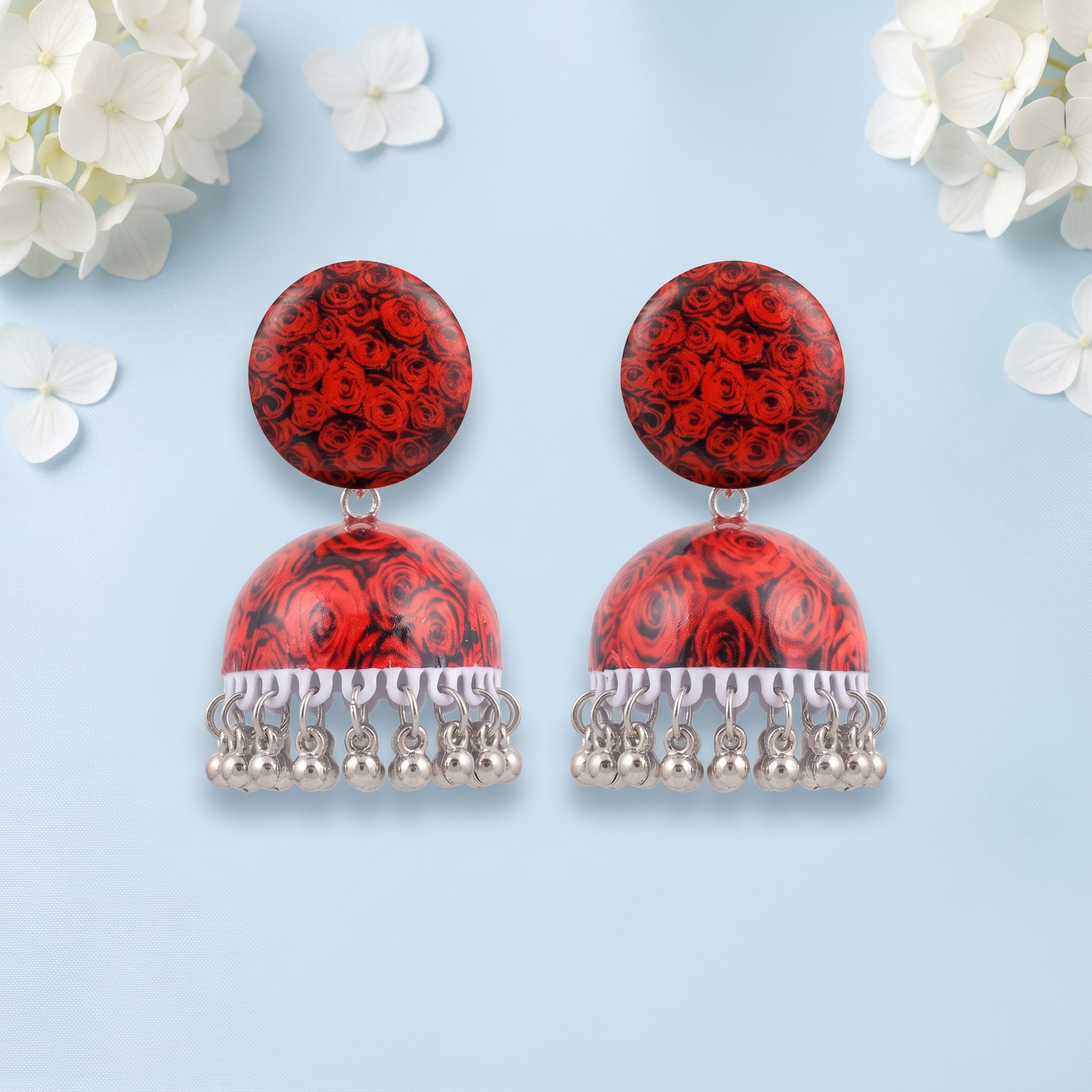 Silver Toned Brass Rose Print Jhumka Earrings