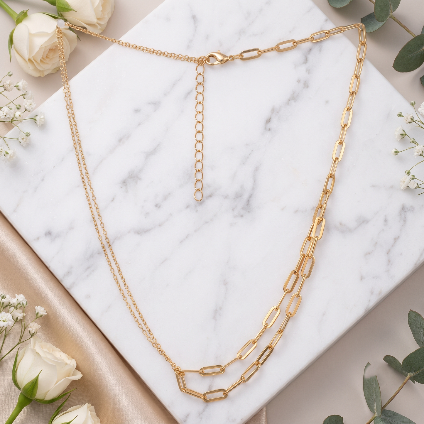 Gold Plated Brass Layered Paperclip Chain Necklace