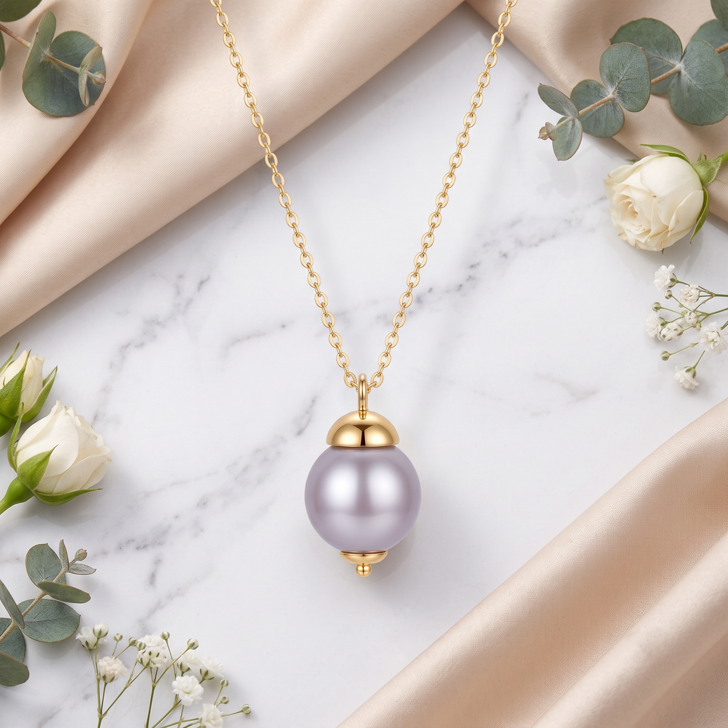 Gold Plated Brass Lavender Pearl Drop Pendant Necklace