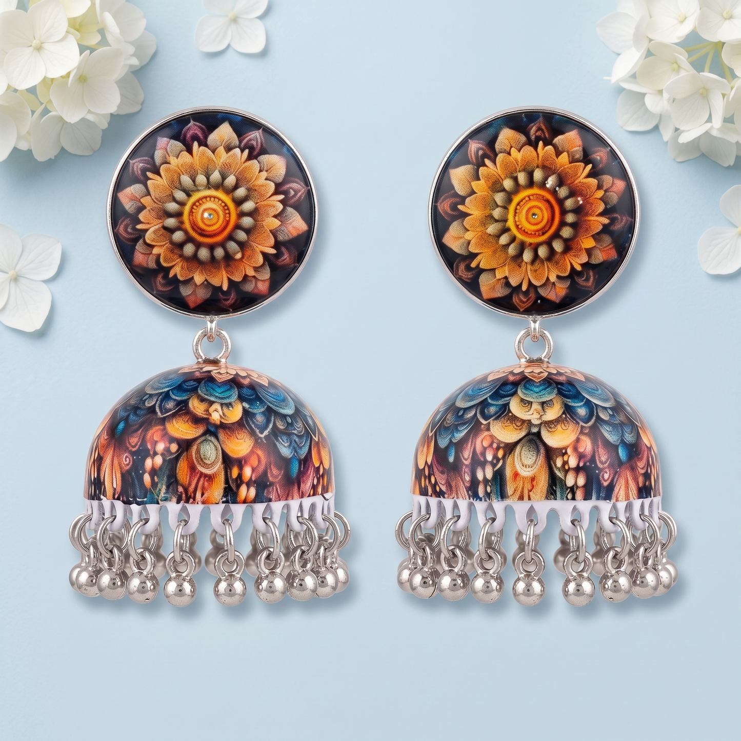 Silver Toned Brass Floral Mandala Print Jhumka Earrings