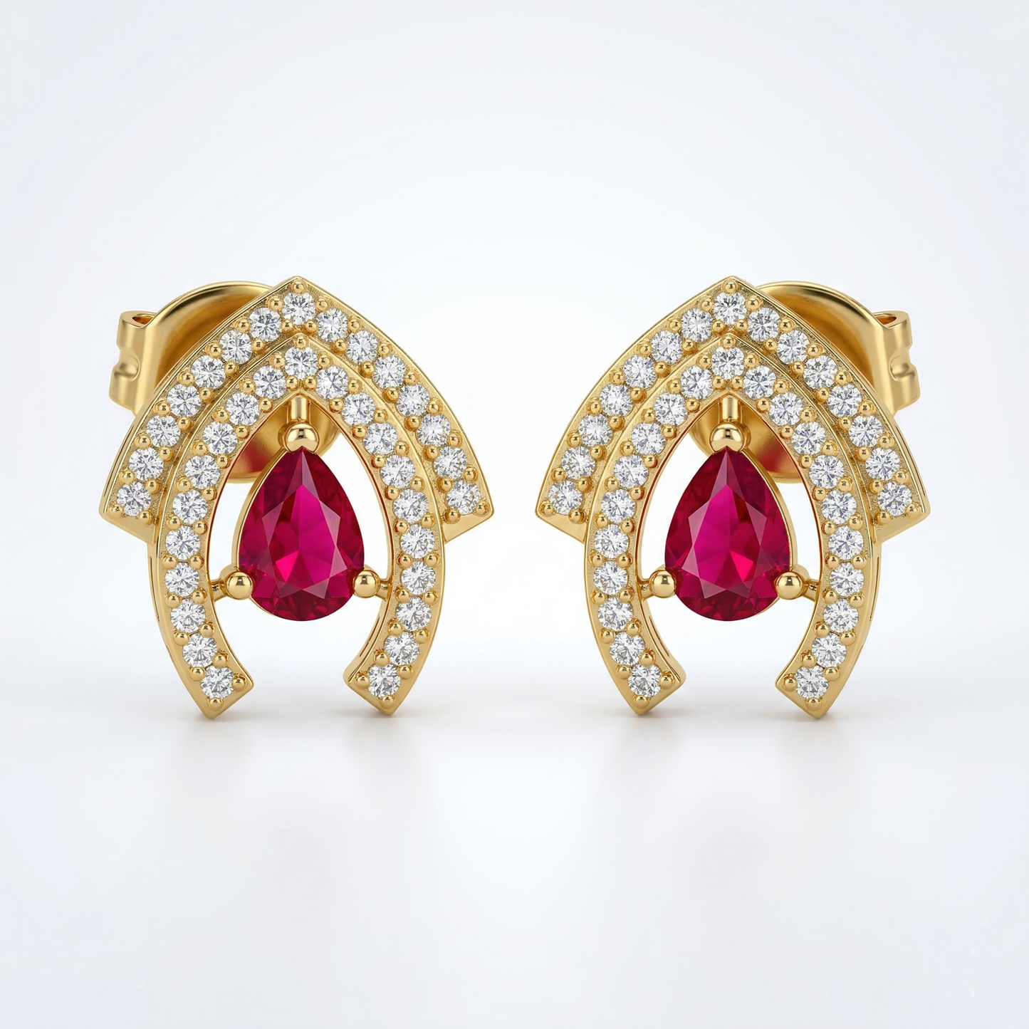 Gold-Tone Pear Ruby Stone Stud Earrings